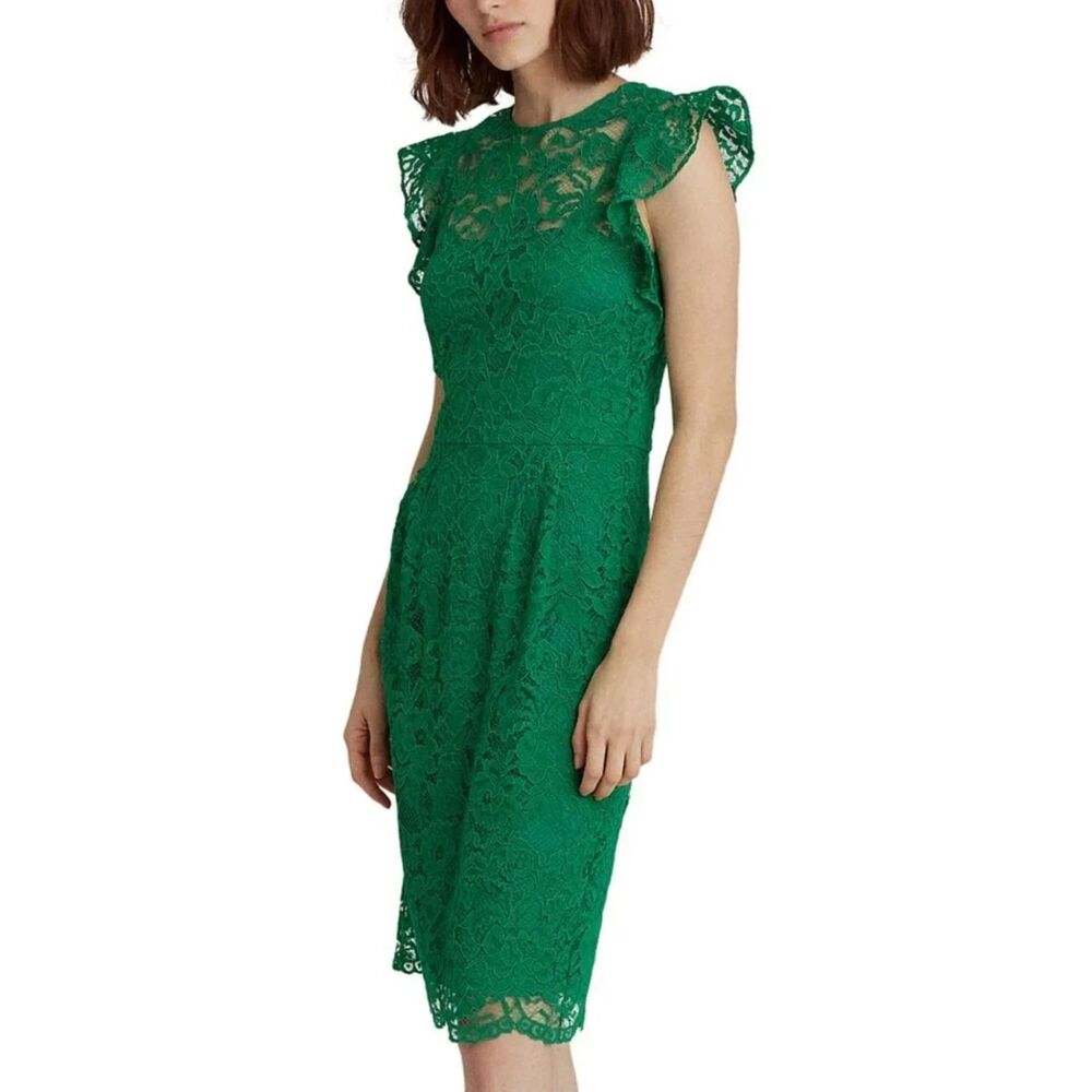 Lauren Ralph Lauren Floral Lace Dress Scarab Green Slim Fit w/ Flutter